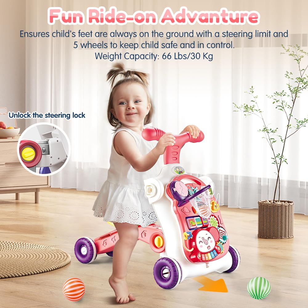 Baby Walker 5 In 1,Vatos Sit-To-Stand Learning Walker,Assemble As Scooter/Balance Bike/Push Walker/Activity Table/Detachable Pan