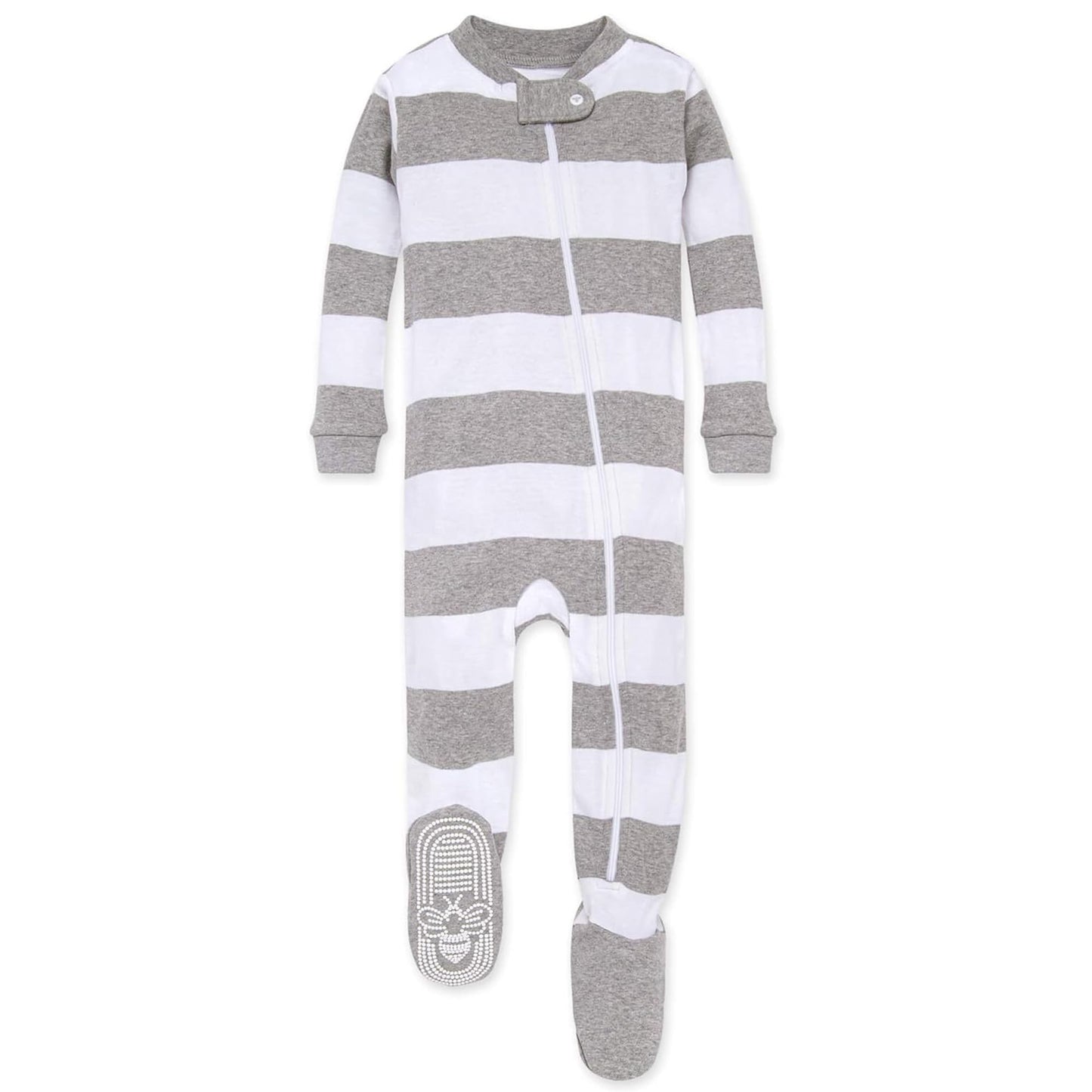 Burt'S Bees Baby Baby Boys Pajamas, Zip-Front Non-Slip Footed Pjs, Organic Cotton And Toddler Sleepers, Heather Grey Rugby Strip