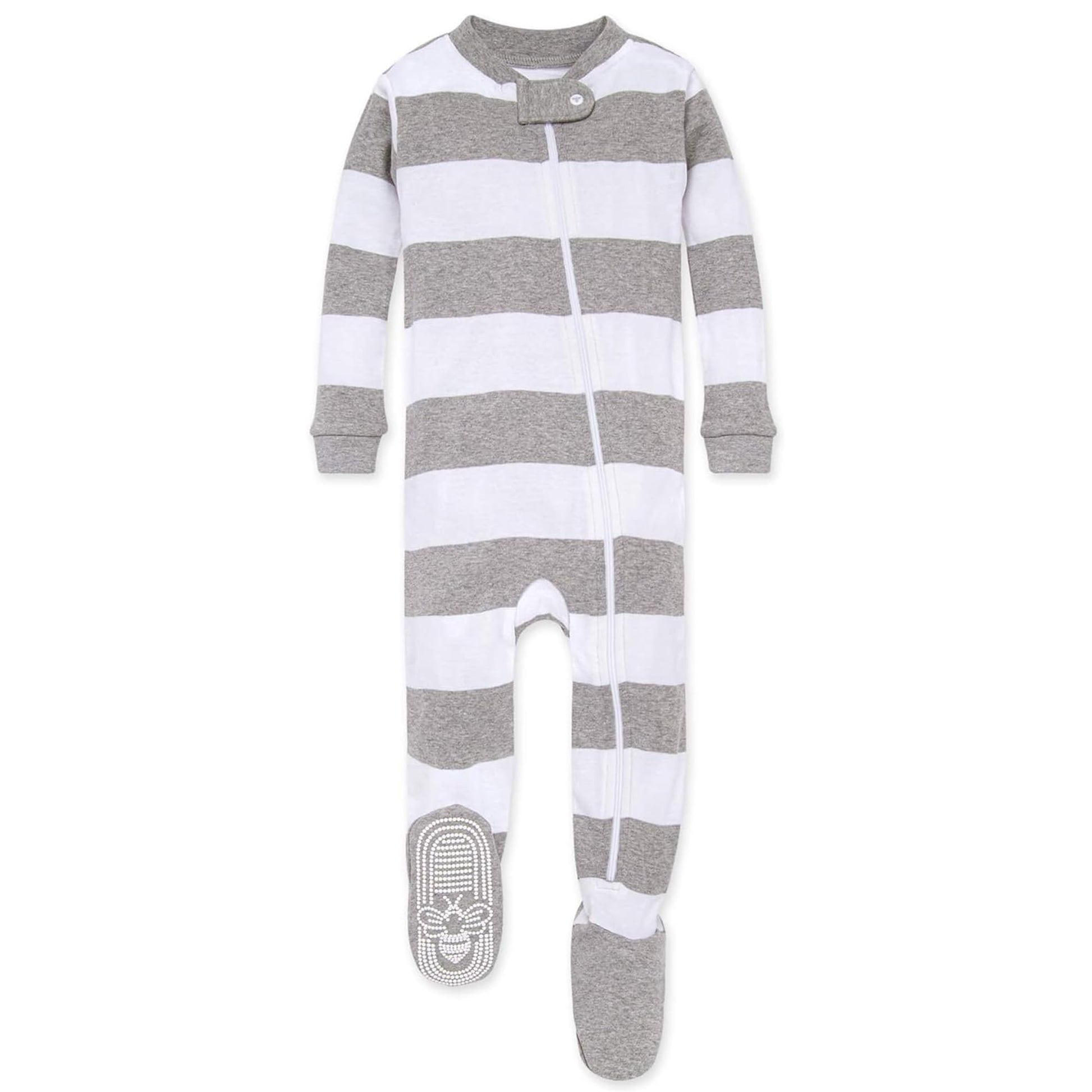 Burt'S Bees Baby Baby Boys Pajamas, Zip-Front Non-Slip Footed Pjs, Organic Cotton And Toddler Sleepers, Heather Grey Rugby Strip