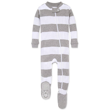 Burt'S Bees Baby Baby Boys Pajamas, Zip-Front Non-Slip Footed Pjs, Organic Cotton And Toddler Sleepers, Heather Grey Rugby Strip