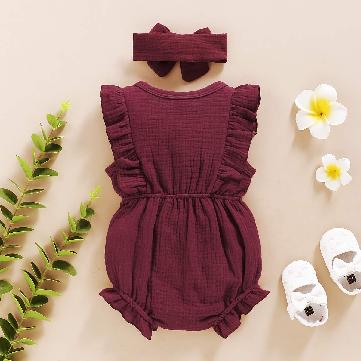 Younger Tree Toddler Baby Girl Ruffled Sleeveless Romper Casual Summer Jumpsuit Cotton Linen Clothes (Button-Red, 18-24 Months)