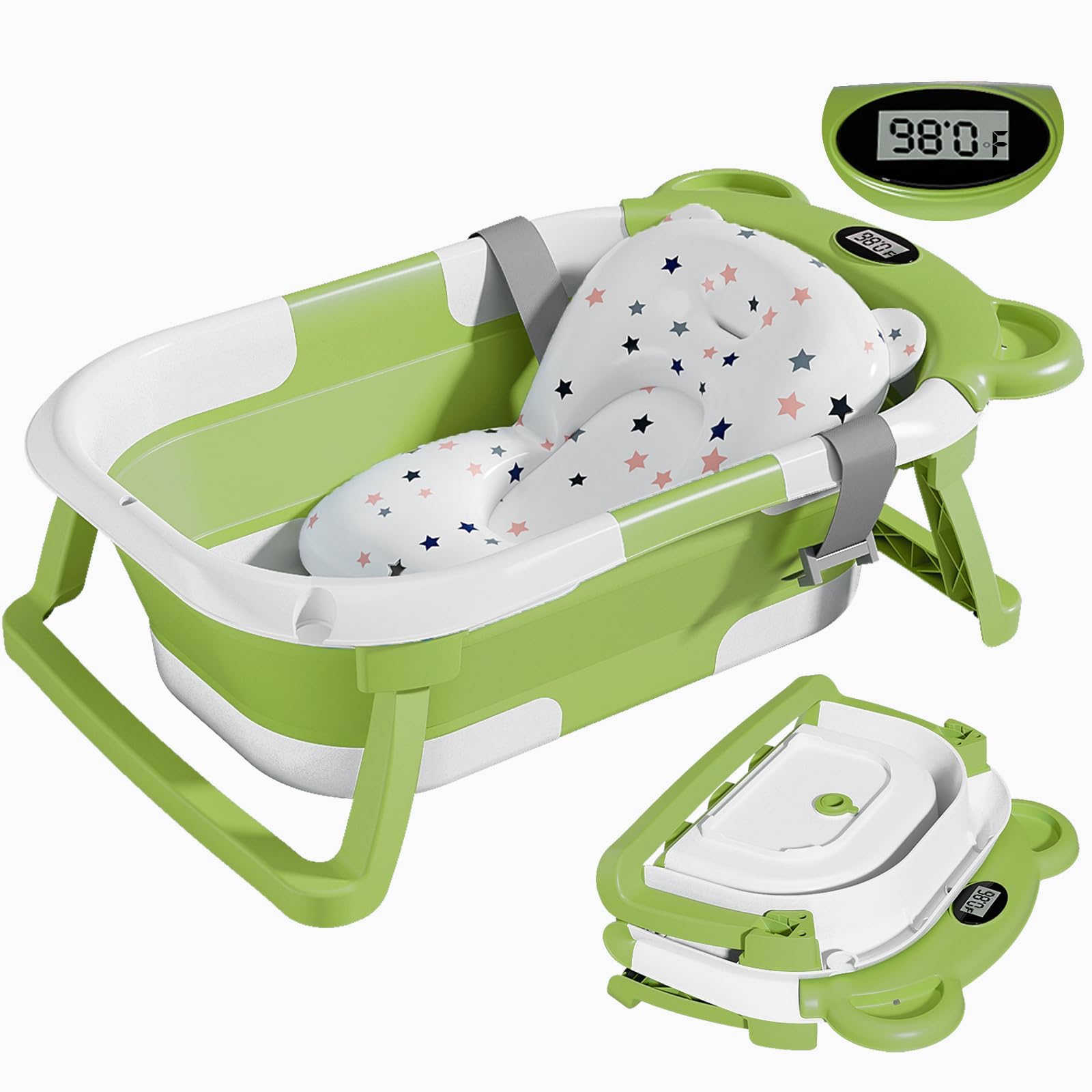 Tpn Collapsible Baby Bathtub For Infants To Toddler With Real-Time Temp Monitor+Floating Cushion,Foldable Baby Bath Tub Set Appl
