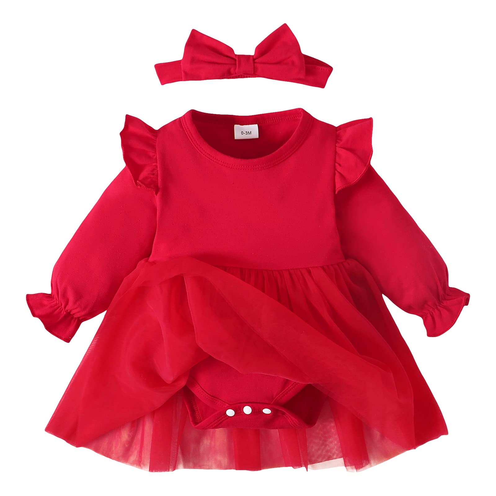 Sobowo Red Dress Baby Girl Romper Tutu Ruffle Long Sleeve Tulle Solid Onsies Dresses Fall Outfits With Headband(3-6 Months, Red