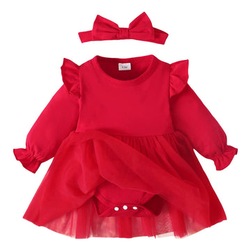 Sobowo Red Dress Baby Girl Romper Tutu Ruffle Long Sleeve Tulle Solid Onsies Dresses Fall Outfits With Headband(3-6 Months, Red