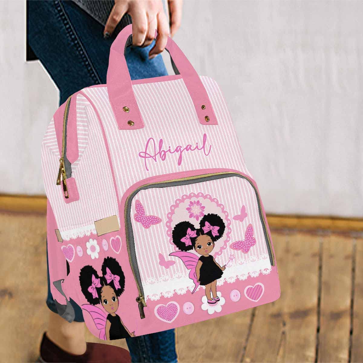 Artsadd Custom Name Diaper Bags Multifunction Backpack, Pink Stripe Love Travel Back Pack Customized Large Capacity Mommy Nappy