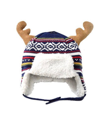 Home Prefer Baby Toddler Boys Winter Hats Warm Cotton Knitted Skull Caps With Earflaps Elk Horns Winter Hat Xl Blue