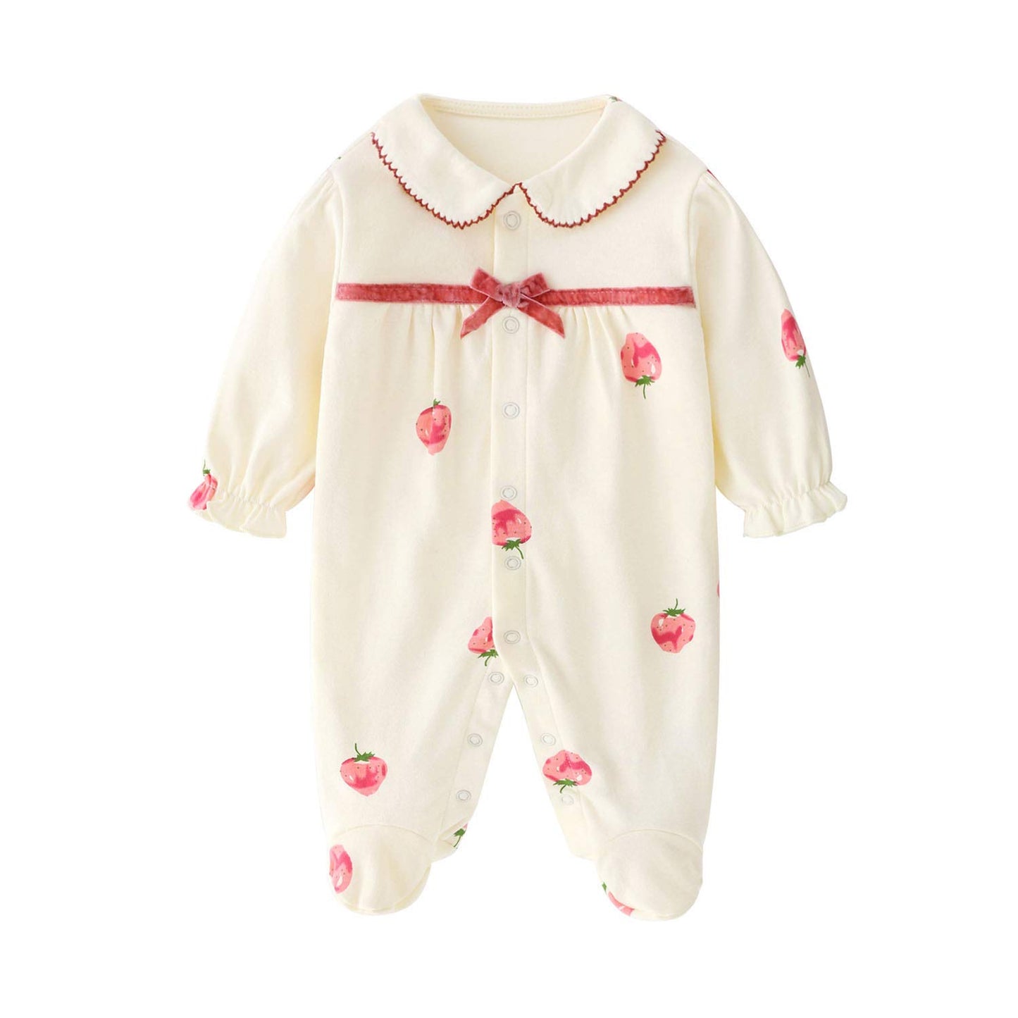 Baby Blank Long Sleeve Cute Romper Cartoon Cotton Play Outfits For 9-12 Month Baby Girls Strawberry