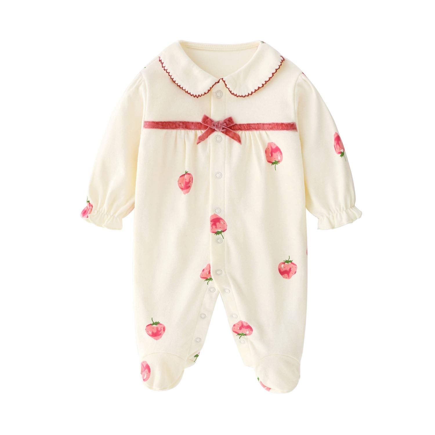Baby Blank Long Sleeve Cute Romper Cartoon Cotton Play Outfits For 9-12 Month Baby Girls Strawberry