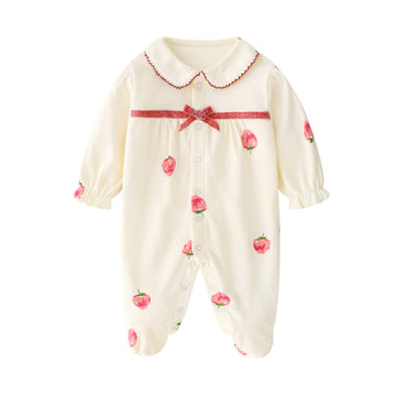 Baby Blank Long Sleeve Cute Romper Cartoon Cotton Play Outfits For 9-12 Month Baby Girls Strawberry