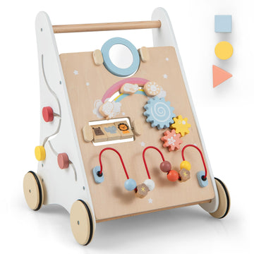 BABY JOY Wooden Baby Walker, Push and Pull Sit-to-Stand Learning Walker Activity Center, Toddler Montessori Educational Toy, Dev