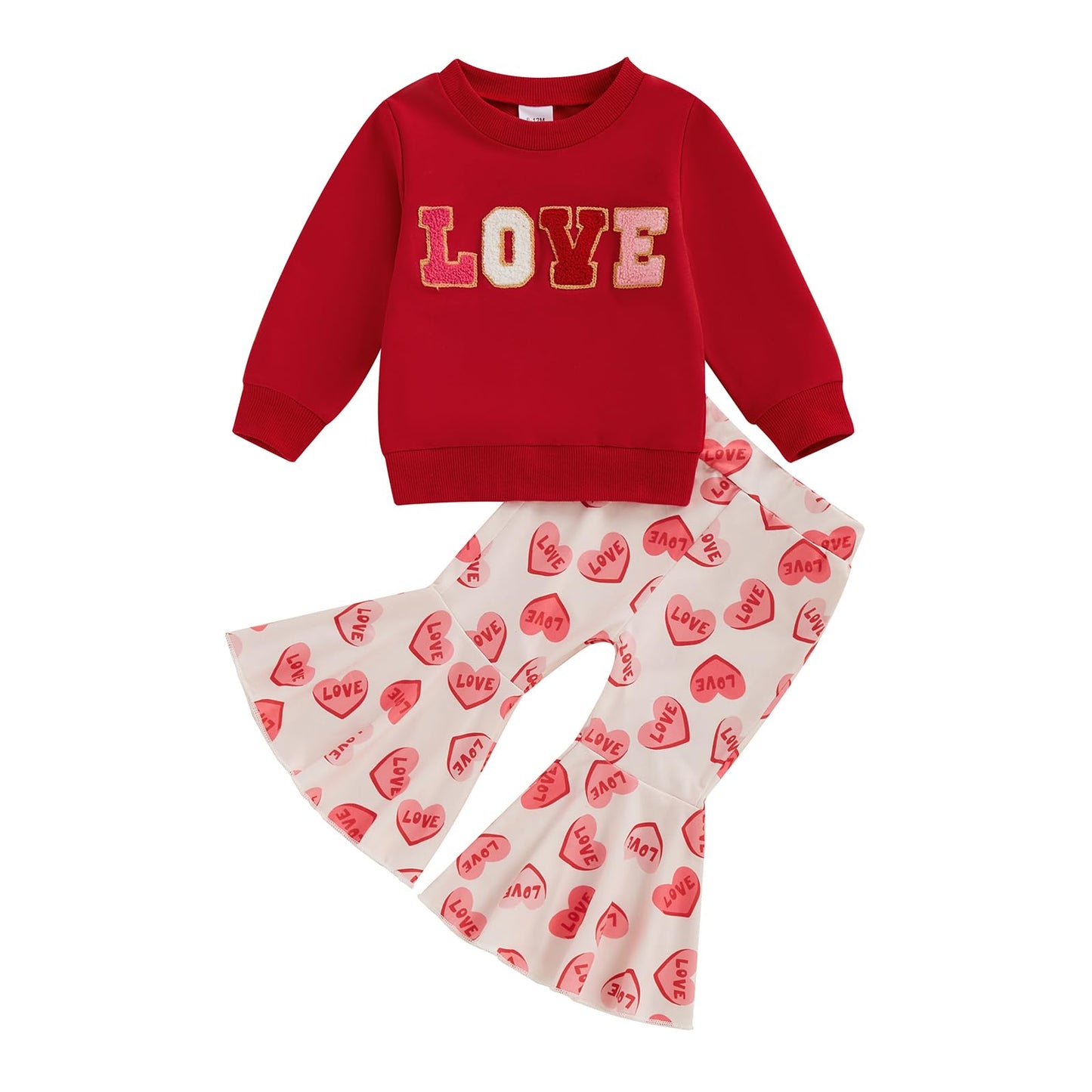 Dcohmch Toddler Girl Valentines Day Outfit Letter Embroider Sweatshirt Shirt Heart Pants Baby Girls Spring Clothes (Red, 6-12 Mo