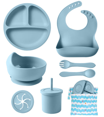 Silicone Baby Feeding Set, 10 Pcs Baby Led Weaning Supplies With Suction Bowl Divided Plate Adjustable Bib Soft Spoon Fork Snack