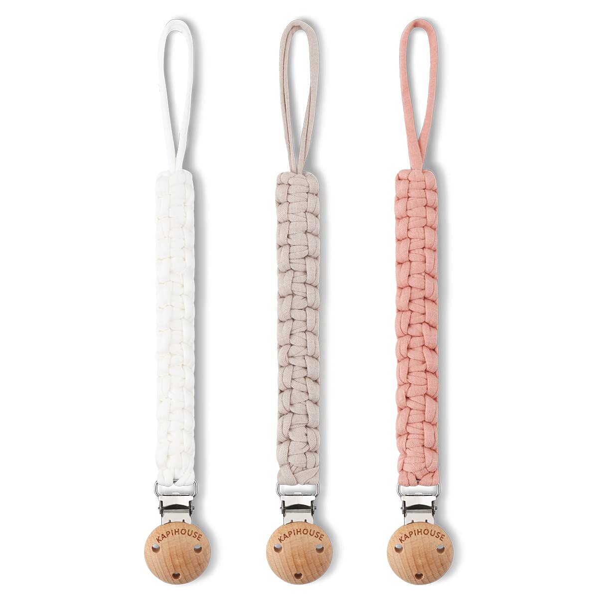 Kapihouse Pacifier Clip For Girl 9.2 Inch Pacifier Leashes Woodern Clips Teething Toy With Handmade Braided Cotton Modern Unisex