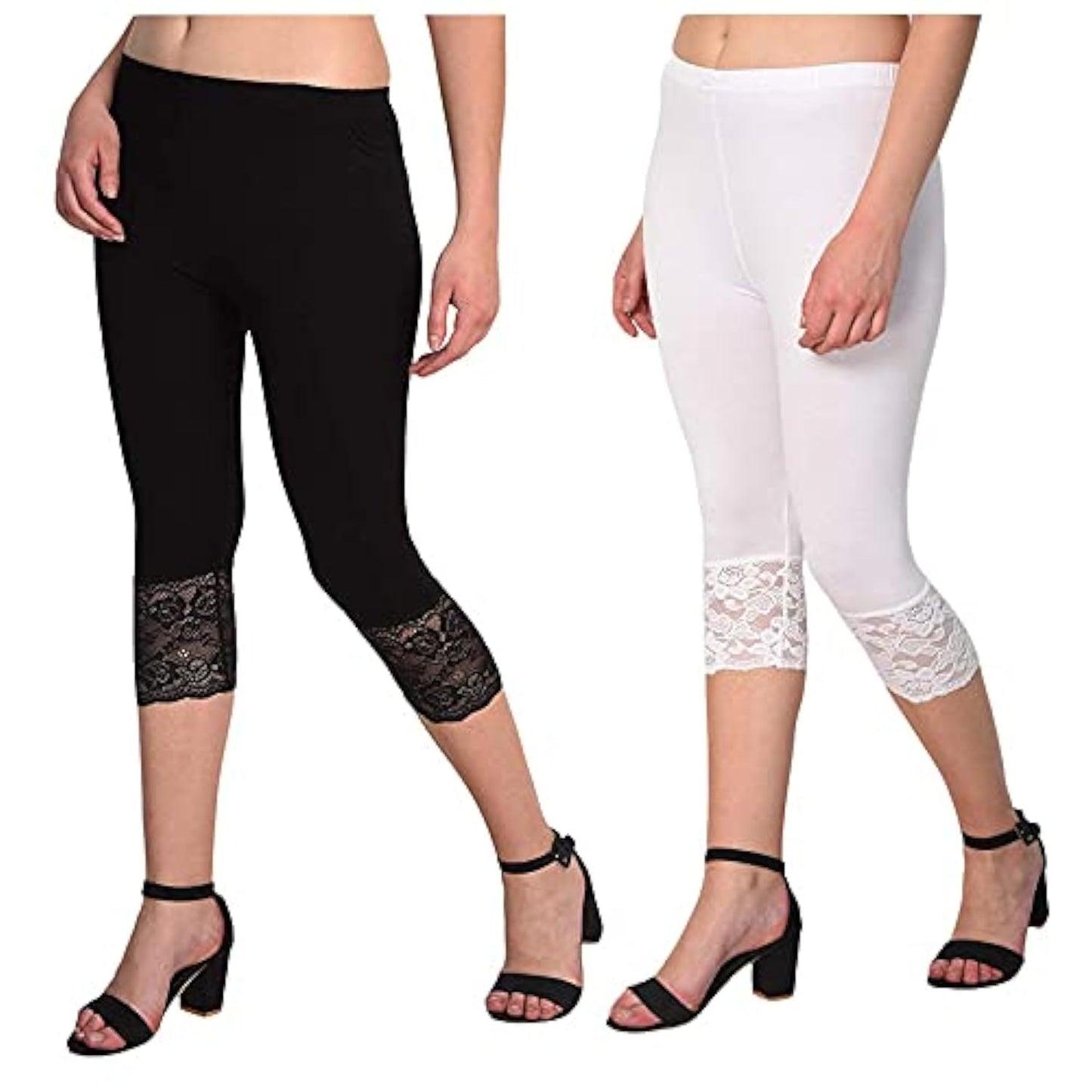 Snowball Girls Mid Rise Regular Fit Cotton Leggings (2capricombo.black.whiteMEDIUM_Black, White_M)