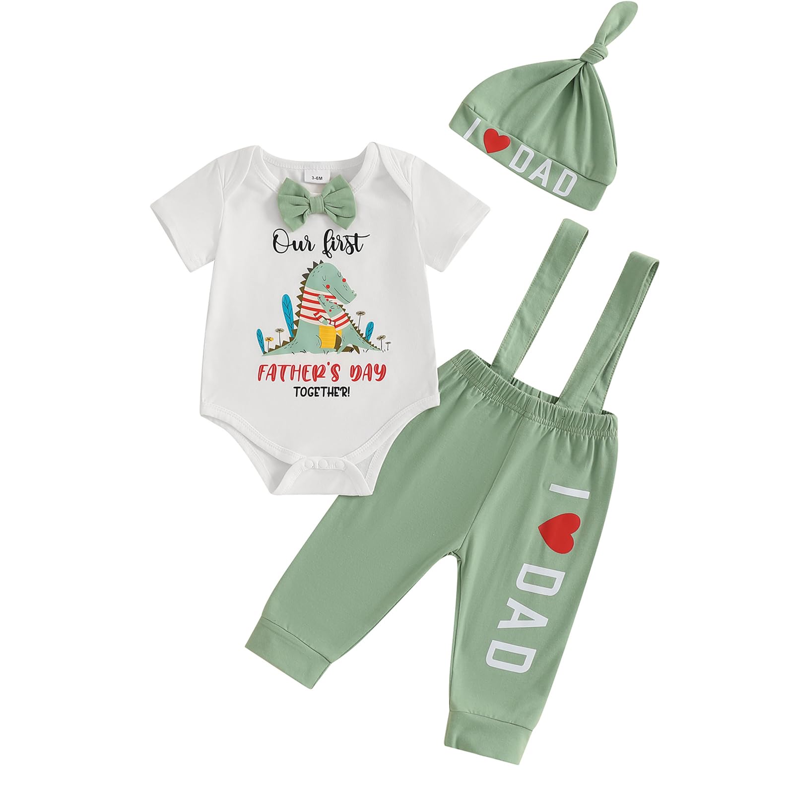 Karuedoo My 1st Father's Day Baby Boy Outfit Short Sleeve Bowtie Romper I Love Dad Suspender Pants Hat 3 Piece Clothes Set (Whit