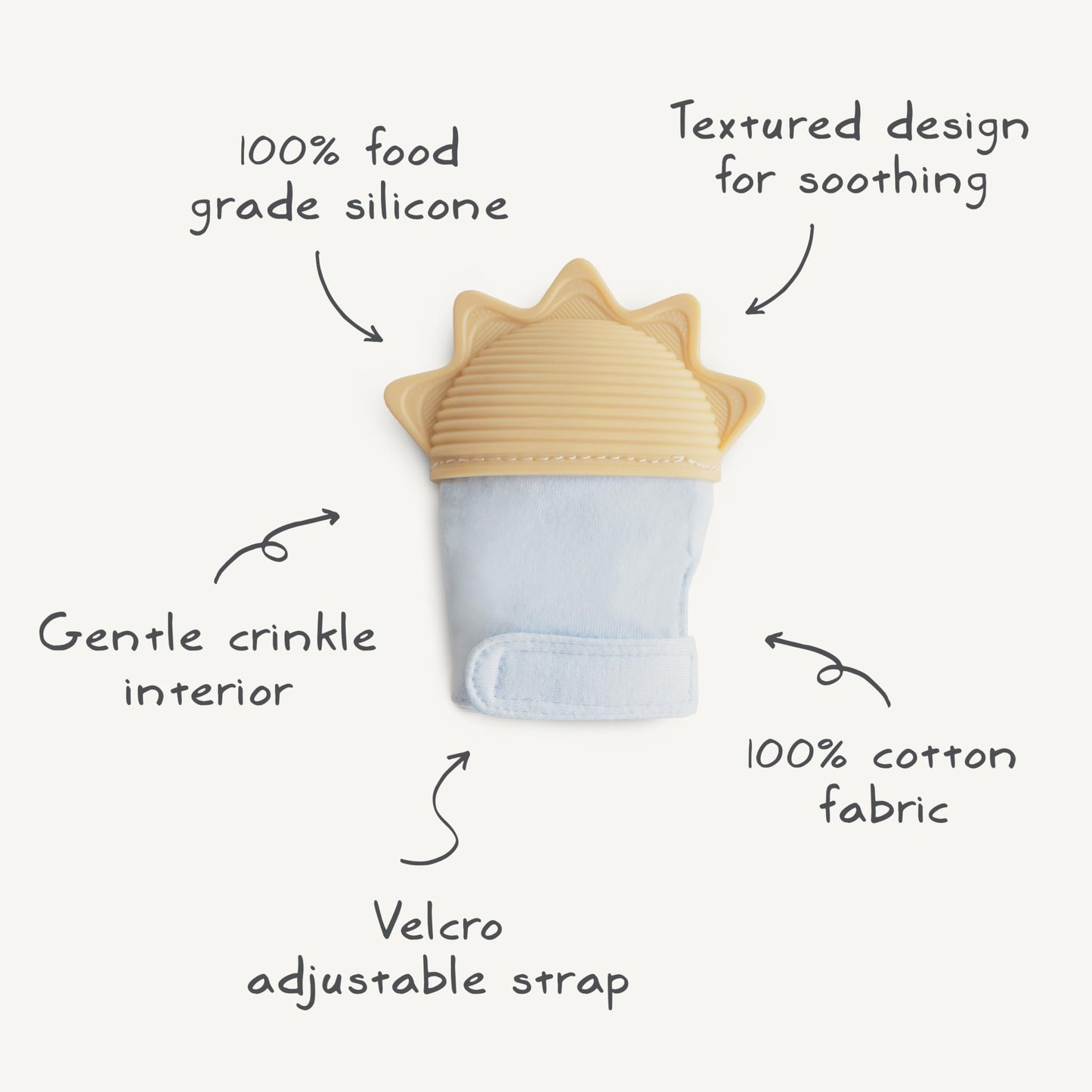 mushie Silicone Teething Mitten for Babies 3 Months+ (Sun) | Textured Silicone & Sensory Fabric with Adjustable Strap