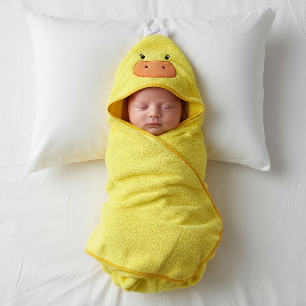 Milkymoon kids Baby Hooded Fleece Towel 35 x 35 in, Duck, Yellow