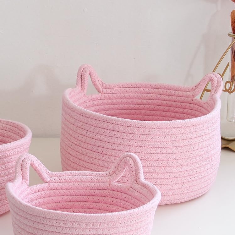 Cafshion Small Cat Ears Basket, Woven Cotton Rope Organizer with Handles - Decorative Nursery Bin & Box for Baby, Pet Toy Storag
