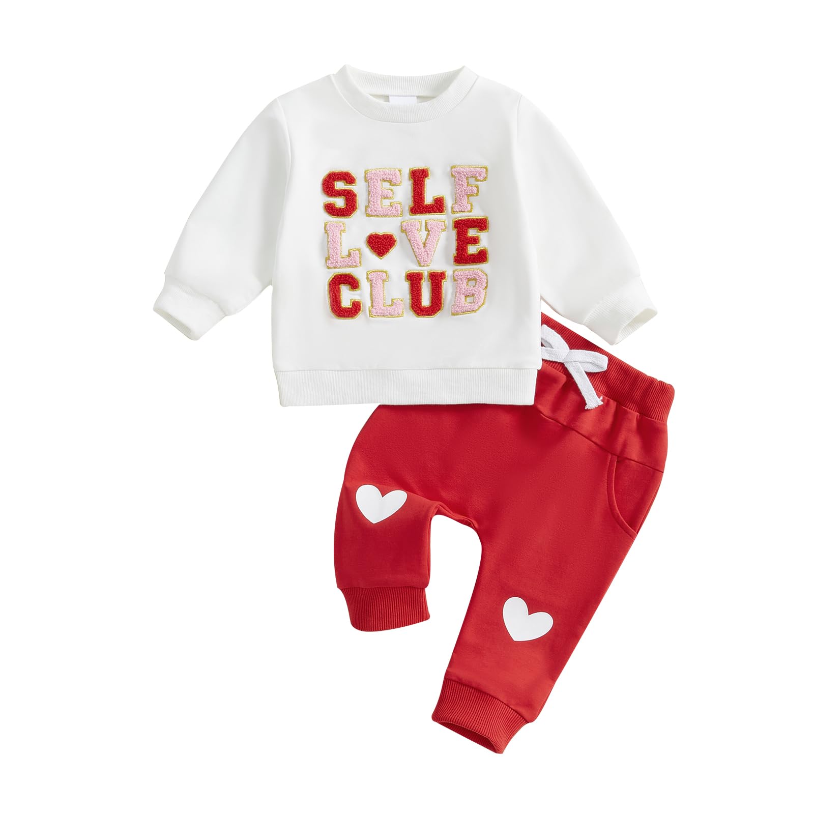 NZNDSHD Valentines Day Baby Boy Outfit Letter Embroidered Long Sleeve Sweatshirt Heart Print Pants Set 2Pcs Clothes (White self 