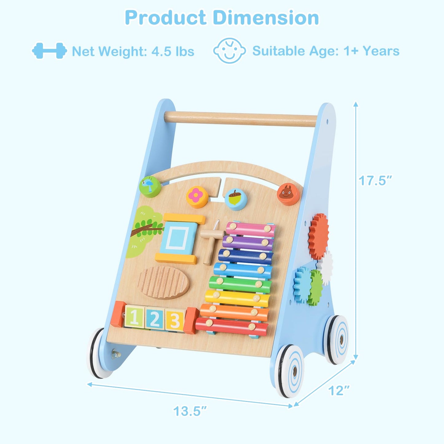 INFANS Wooden Baby Walker, Montessori Walker with Multiple Activity Toys, Storage, Push Toys for Infant Learning to Walk, Sit to