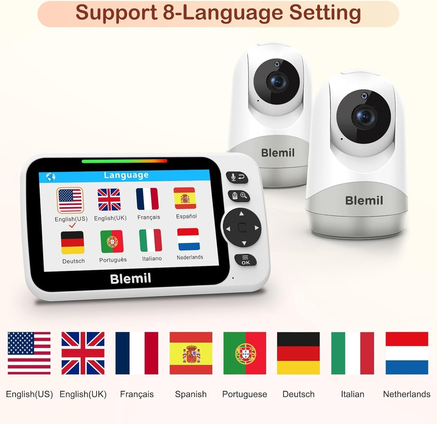 Blemil Upgrade Baby Monitor With 30-Hour Battery, 5' Large Split-Screen Video Baby Monitor With 2 Cameras And Audio, Remote Pan