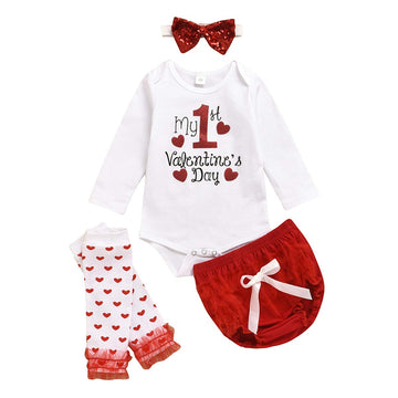 Xfglck Newborn Baby Girls Valentines Day Outfit Letter Print Bodysuit Romper +Tutu Skirt +Leg Warmers+ Headband Clothes Set (Sho