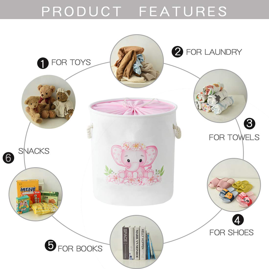 INough Baby Basket Pink Hamper Large Kids Hamper Baby Laundry Hampers for Nursery Girl, Girls Laundry Baskets for Kids, Dirty Cl