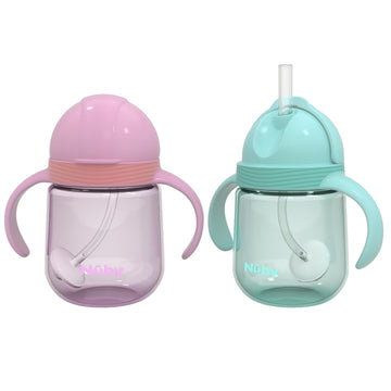 Nuby No-Spill Clik-It Silicone Straw Toddler Cup - (2 Pack) 8 Oz - 360 Weighted Straw Toddler Sippy Cup For 1+ Year Old - Pink/A