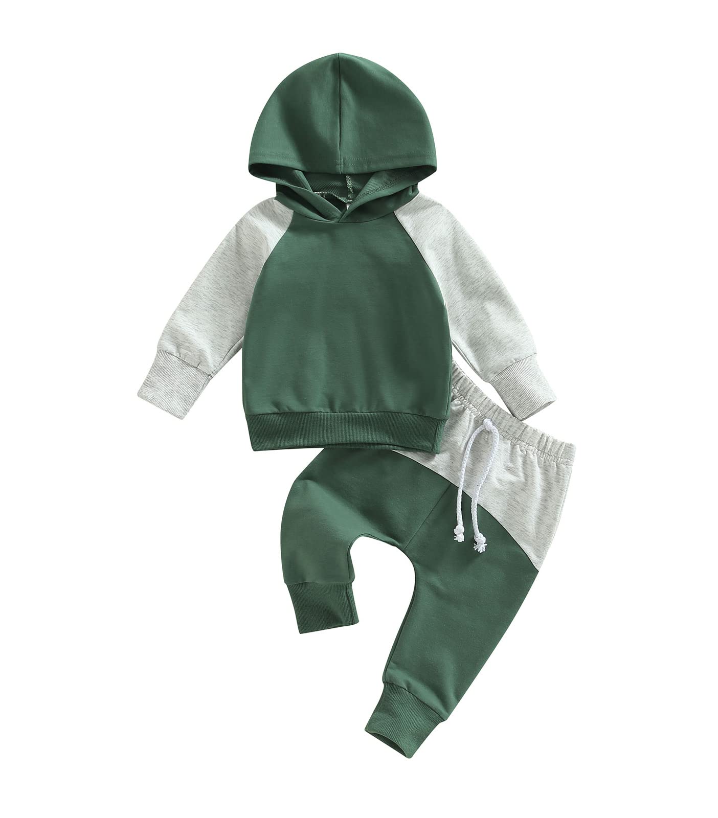 Baby Boy Clothes 3 6 9 12 18 24M 3T Pants Set Hooded Patchwork Hoodie Striped Sweatpants Fall Winter Outfit (Gray&Green, 18-24 M