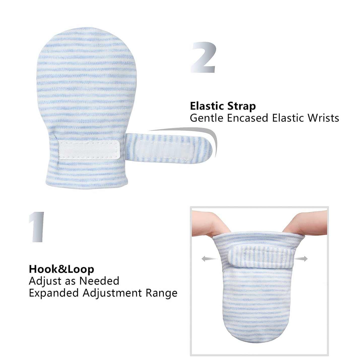 Newborn Baby No Scratch Mittens Stay On, 100% Cotton Breathable, Adjustable Infant Gloves For Baby Boys Girls Mittens (Blue Stri
