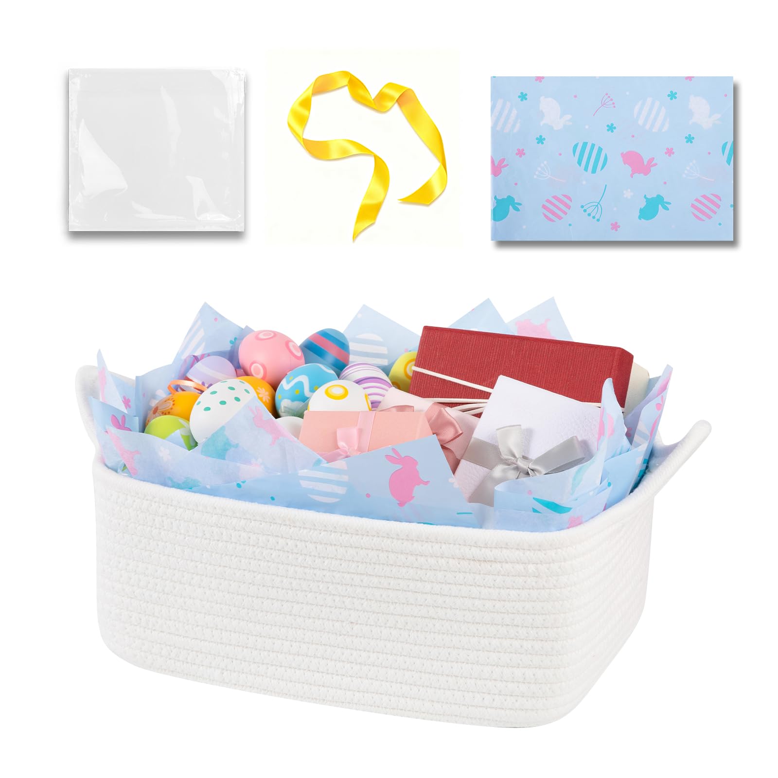OIAHOMY Woven Basket, Gift Basket Empty with Gift Bags, Ribbons and Wrap Tissue Paper, Rope Baskets for Baby Showers, Storage Ba