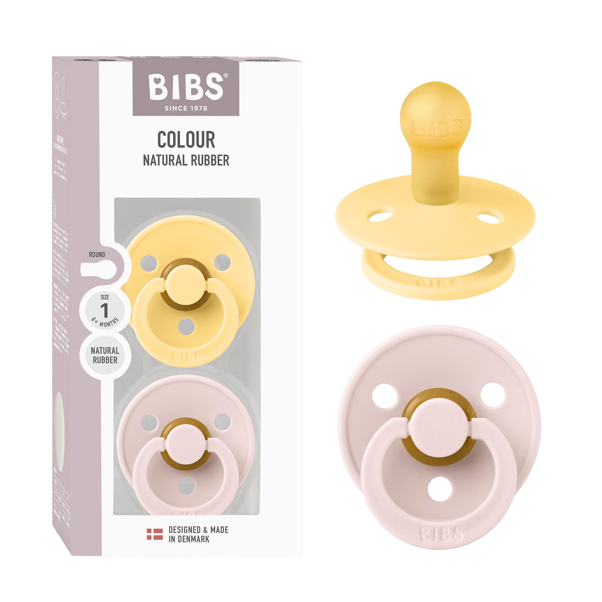 Bibs Colour Pacifier 2-Pack, Bpa Free Dummy Binky, Round Nipple. Natural Rubber Latex, Made In Denmark, Size 1 (0-6 Months), Pal