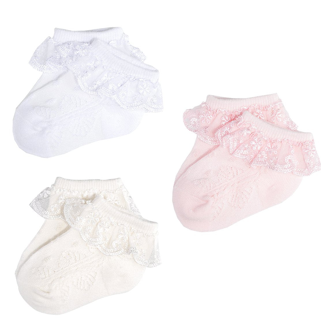 Epeius 3 Pair Pack Newborn BabyGirls Eyelet Frilly Lace Socks Princess Ankle Socks White/Pink/Off White 03 Months