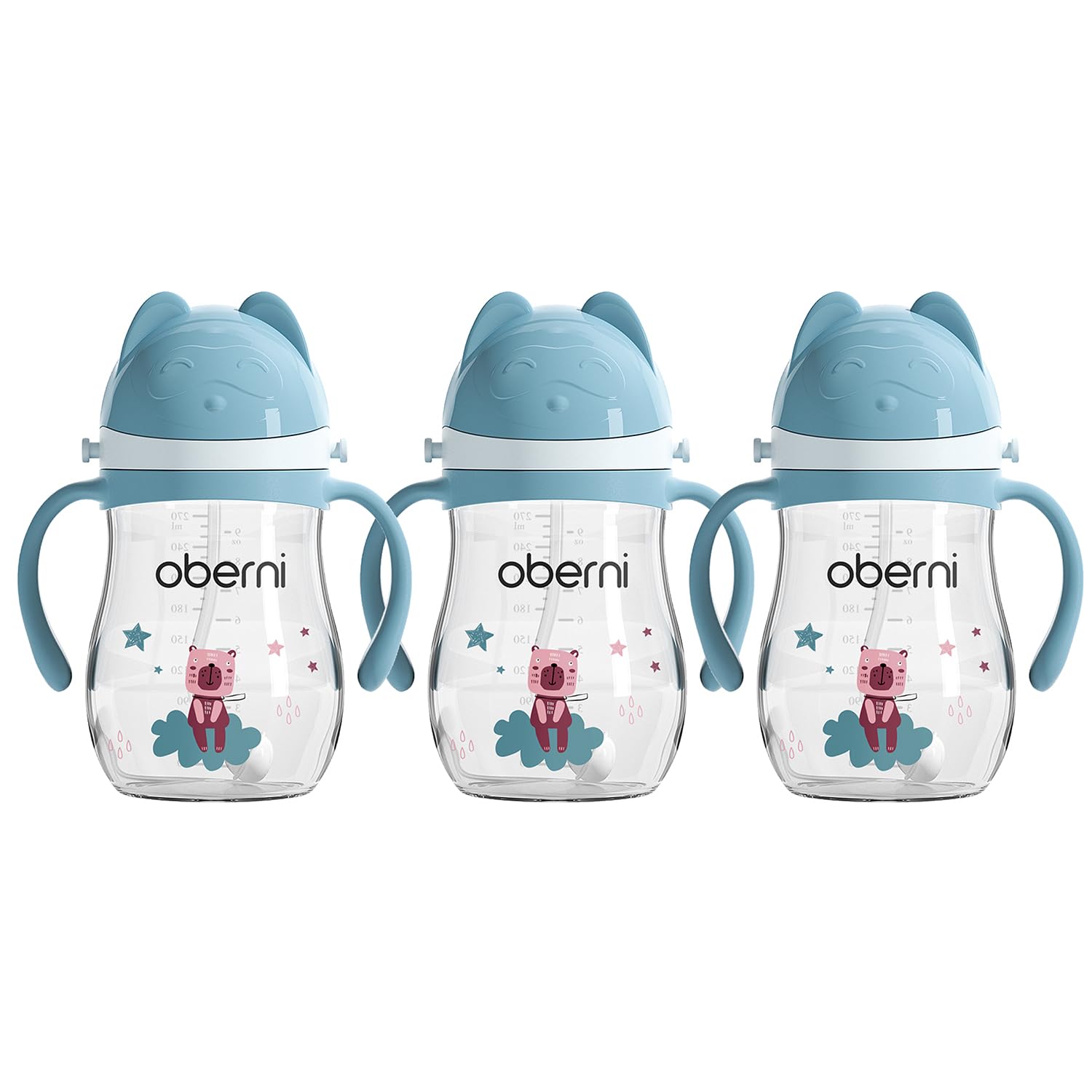 Oberni Toddler Sippy Cup, Tritan Baby Water Bottle With Non-Spill Valve Spout, Removable Handle and Carry Strap, 270ml/12m+/Blue
