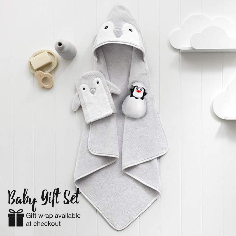Happy & Sweet Baby Gift Set - Bamboo Viscose Hooded Penguin Bath Towel, Mitt Washcloth, And Squirt Bath Toy For Boys And Girls -