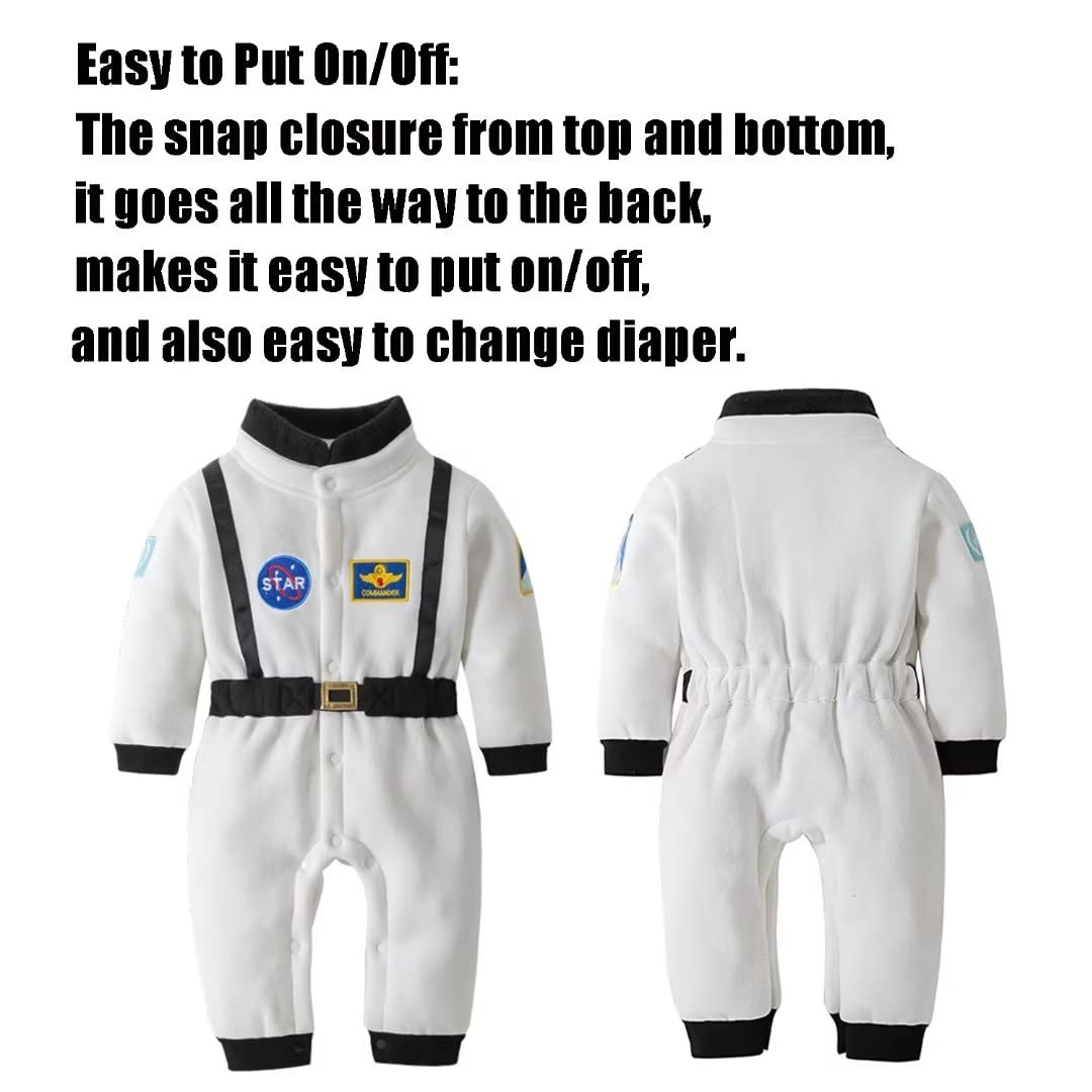 Ollull Baby Astronaut Costumes, Unisex Toddler Space Suit, Halloween Dress Up Romper Pilot Costume(White,12-18 Months)