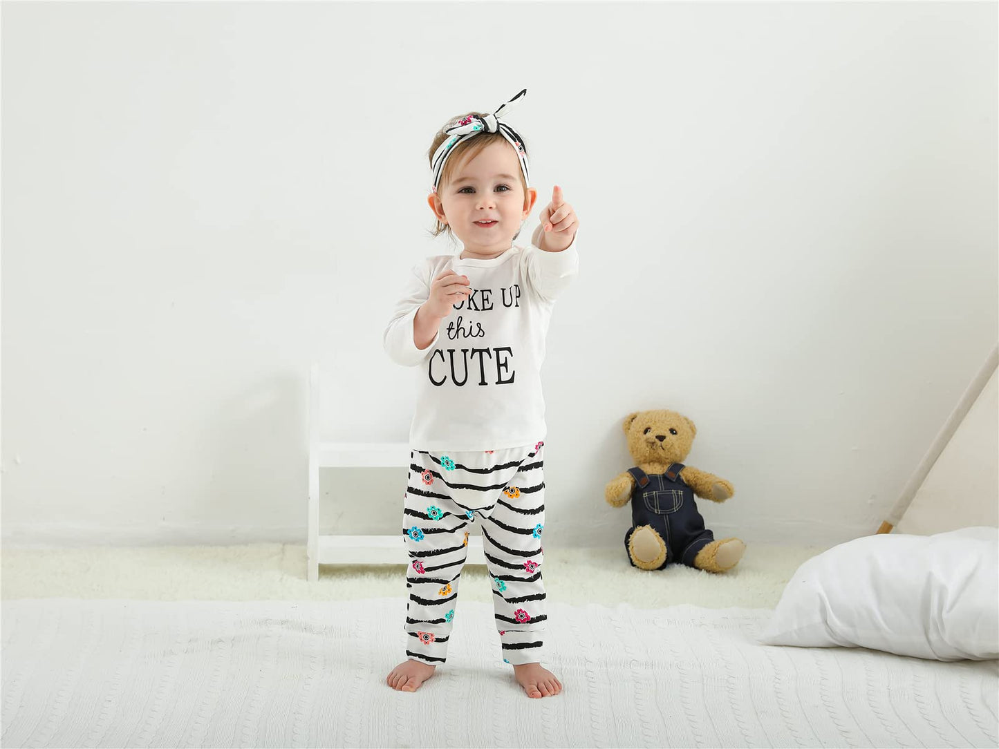Kukitty 3Pcs Baby Girl Outfits Set I Woke Up This Cute Long Sleeve T-Shirt Tops Flowers Pants With Headband (12-18 Months)
