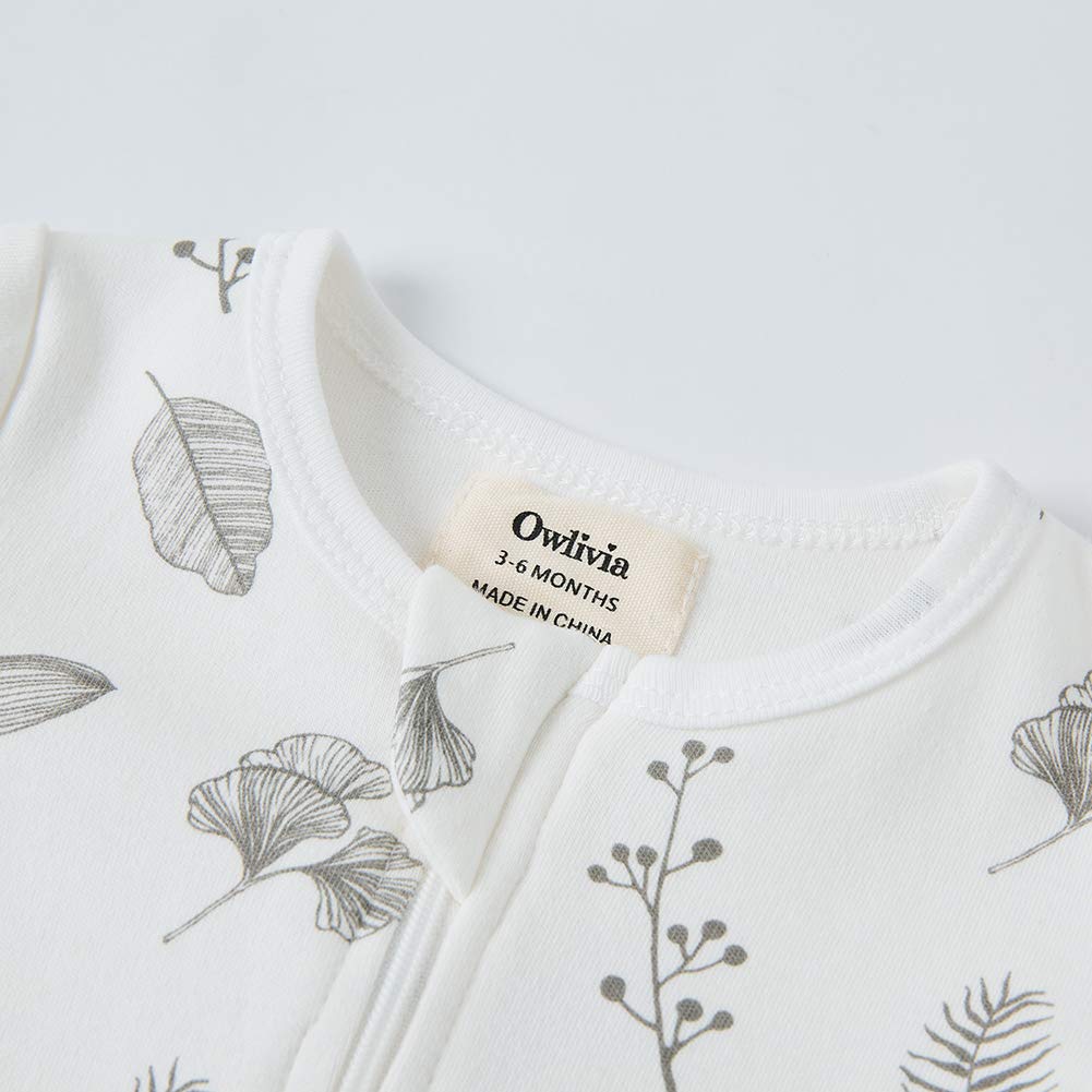 Owlivia Organic Cotton Baby Pajamas, Boys Girls Zip Front Sleep  'N Play, Footed Sleeper, Long Sleeve(0-3 Months, Grey Leaf)