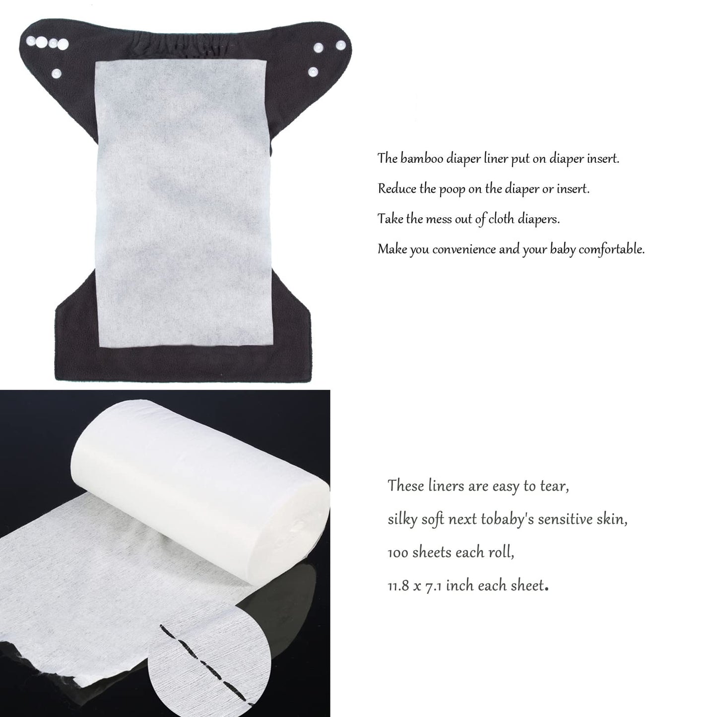 ALVABABY Diaper Liners 4 Rolls for Baby Cloth Diaper 11.8 x 7.1 Inch Disposable Natural Soft Compostable Fragrance Free and Chlo