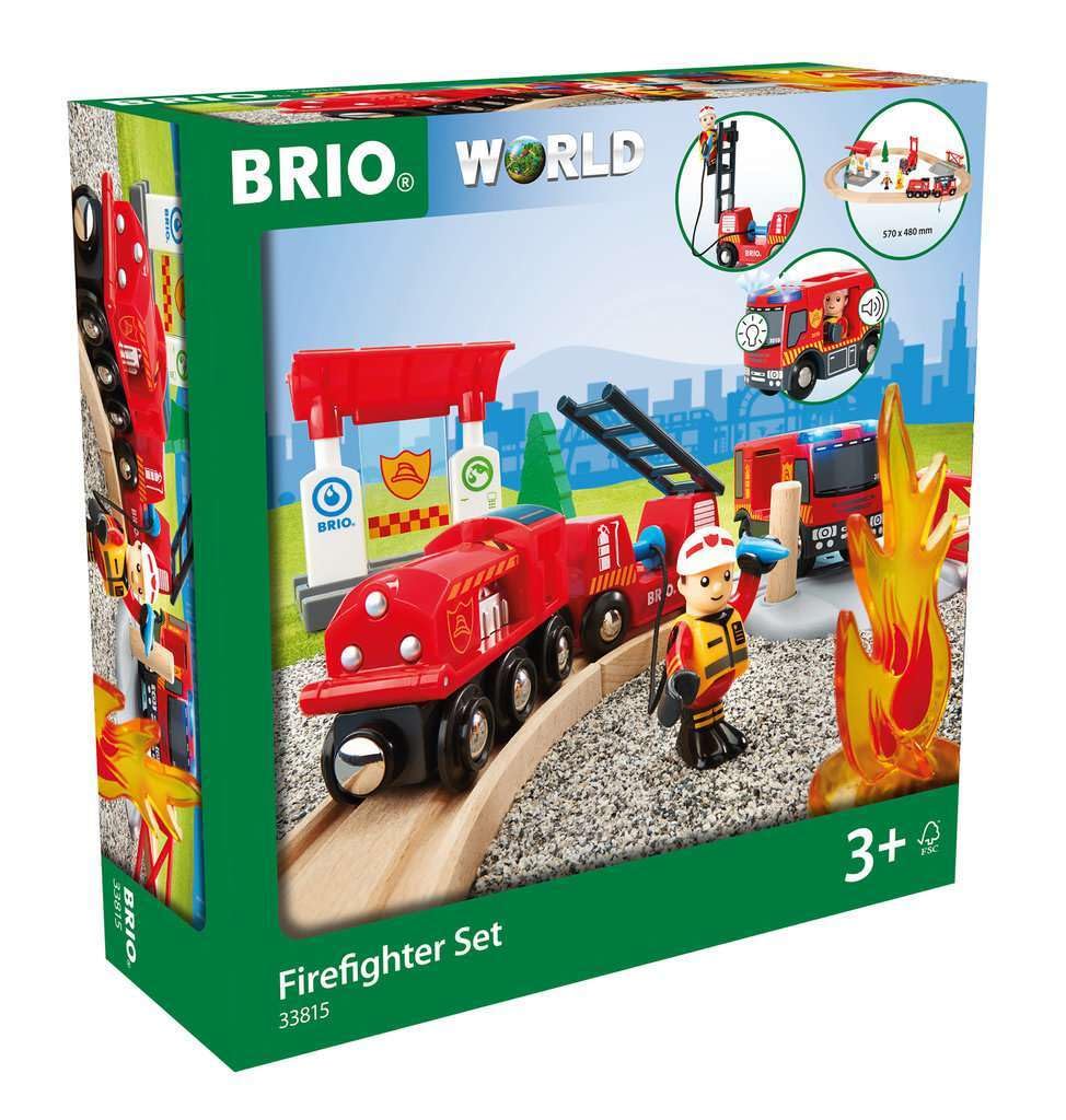 Brio 33815 Rescue Firefighter Set | 18 Piece Train Toy with a Fire Truck, Accessories and Wooden Tracks for Ages 3 and Up