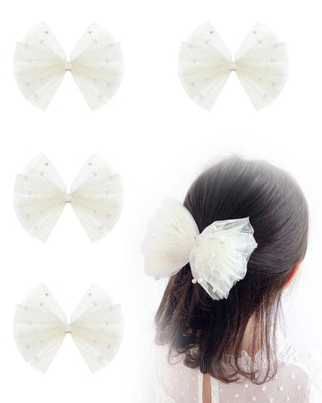 4PCS Ivory Tulle Hair Bows for Toddler Girls Cute Pearls Hair Clips Sweet Flower Girl Hair Accessories for First Communion Party