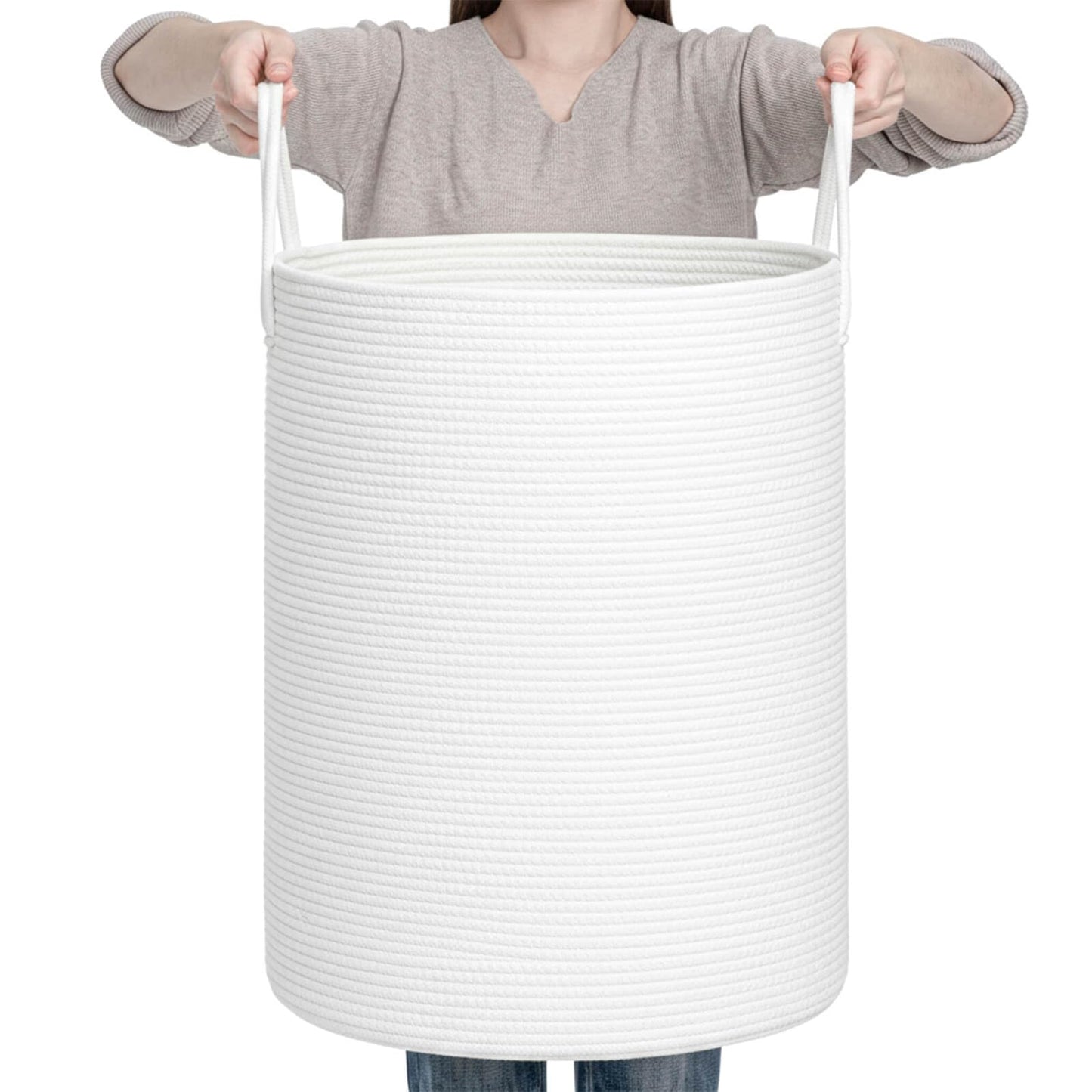 CLHMILY&Z Laundry Hamper Round Storage Rope Basket in Living Room, Bedroom, Laundry Room for Toy, Clothes, Blanket, Pillow (Whit