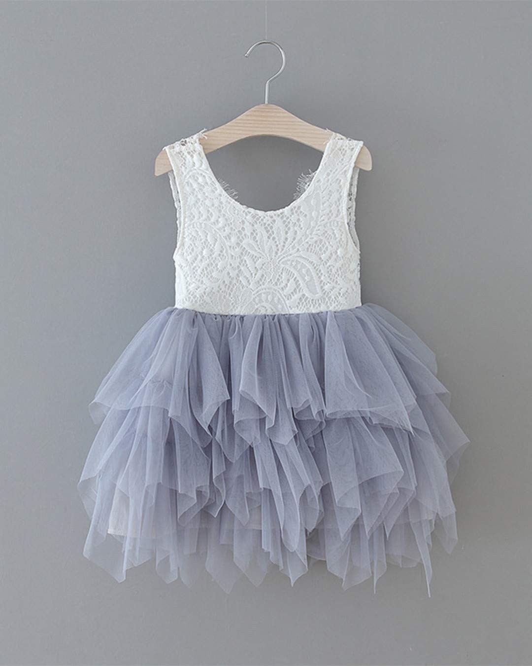 2Bunnies Girl Peony Lace Back A-Line Tiered Tutu Tulle Flower Girl Dress (Gray Sleeveless Short, 4T)
