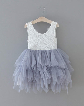 2Bunnies Girl Peony Lace Back A-Line Tiered Tutu Tulle Flower Girl Dress (Gray Sleeveless Short, 6)