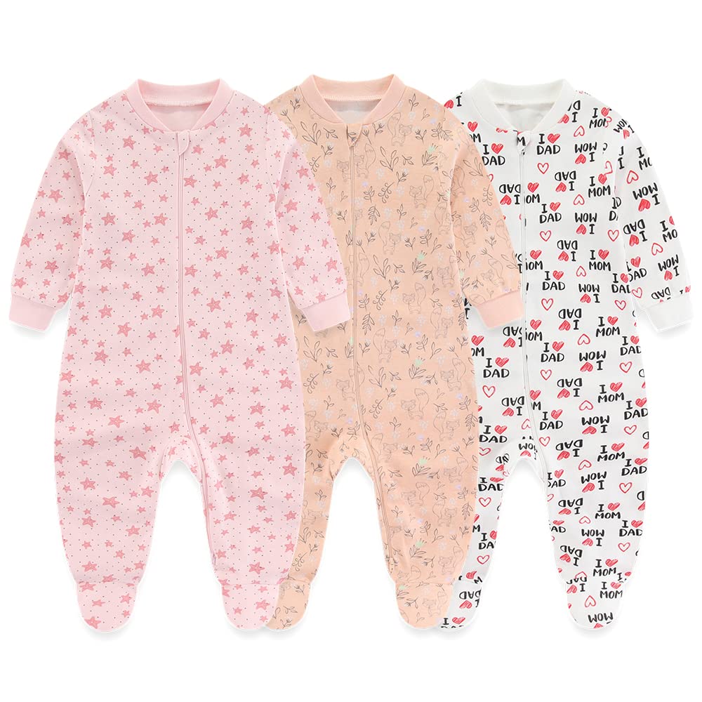 MAMIMAKA Baby Girls One-Piece Footies Jumsuit Zip Cotton Newborn Clothes Outfits, 0-3 Months