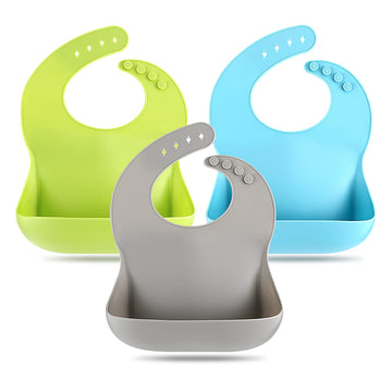 Eascrozn Silicone Bibs For Babies & Toddlers Set Of 3, Silicone Baby Bibs For Boy And Girl, Adjustable Soft Waterproof Bibs