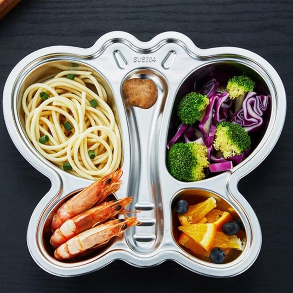 Happy Hues Stainless Steel Divided Meal Plate Tray3 Compartments Dinner Dish For Baby (Butterfly 02)