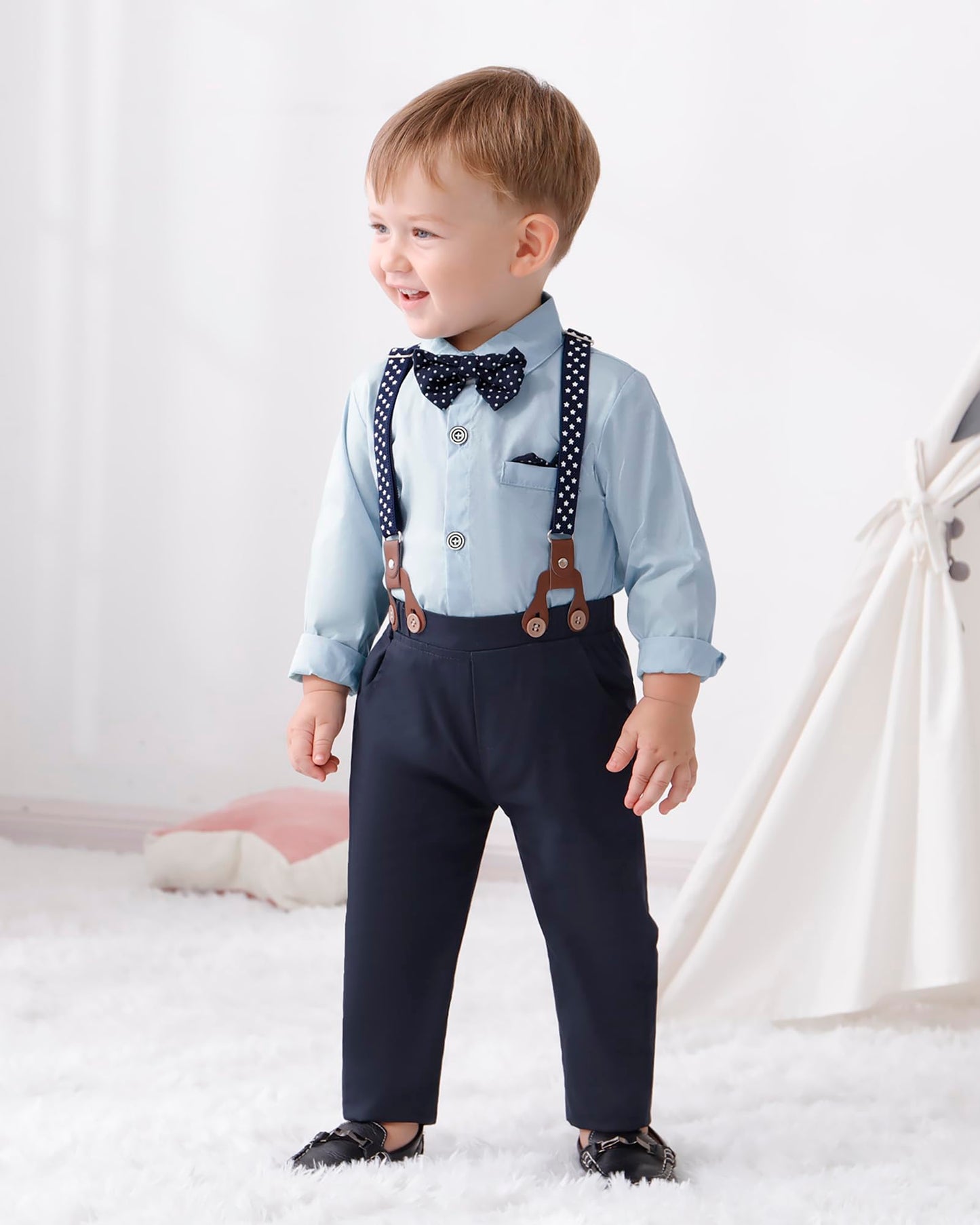 Yallet Toddler Baby Boy Clothes Suit Gentleman Outfits Formal Dress Shirt + Bowtie + Suspender Pants Wedding Party(L Sky Blue, 2