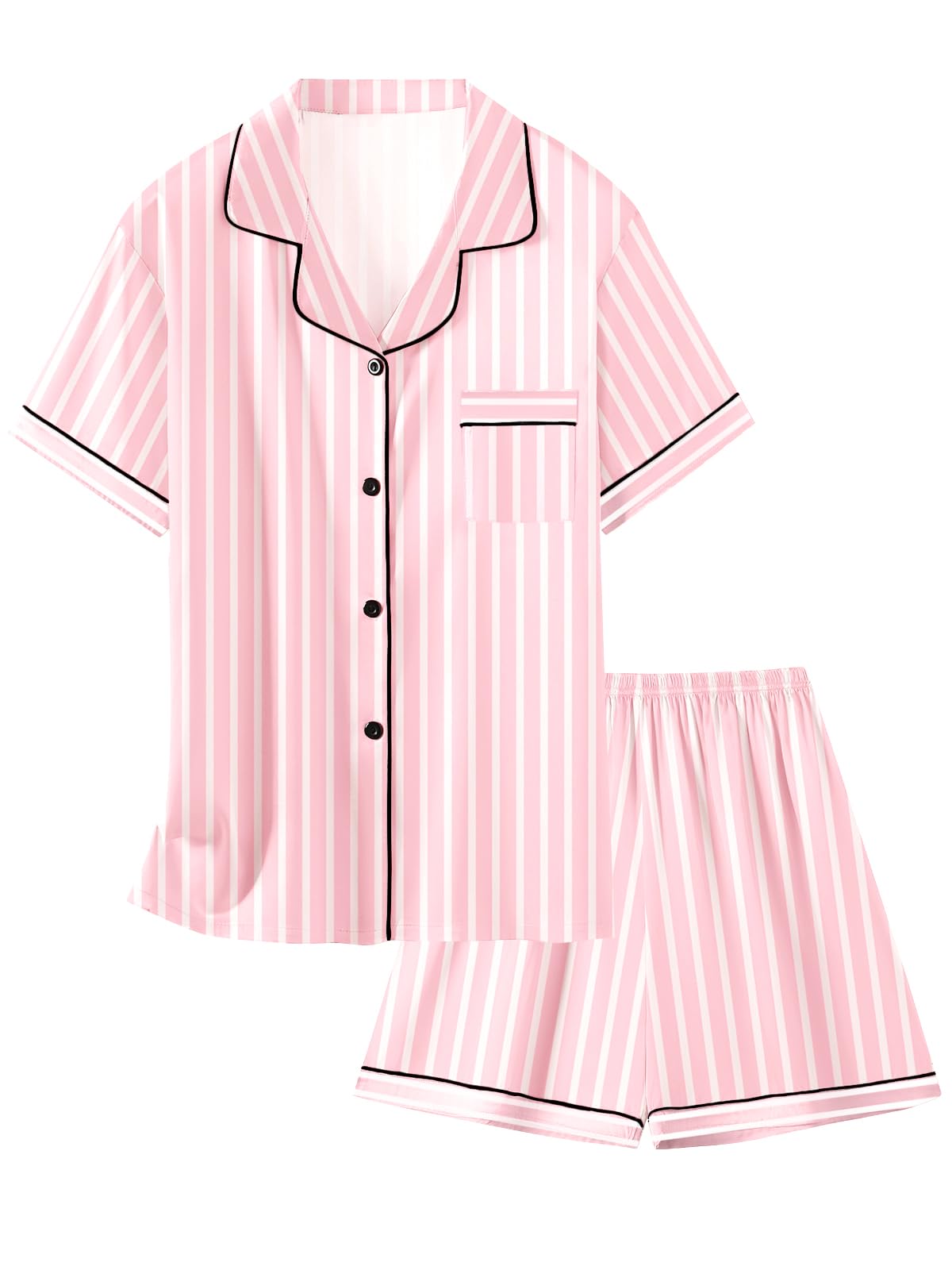 Schbbbta Girls & Womens Satin Pajamas Set, Silk ButtonDown Sleepwear 2 Piece Nightwear, 3 Years  Women XXL, A Pink Stripe, 91