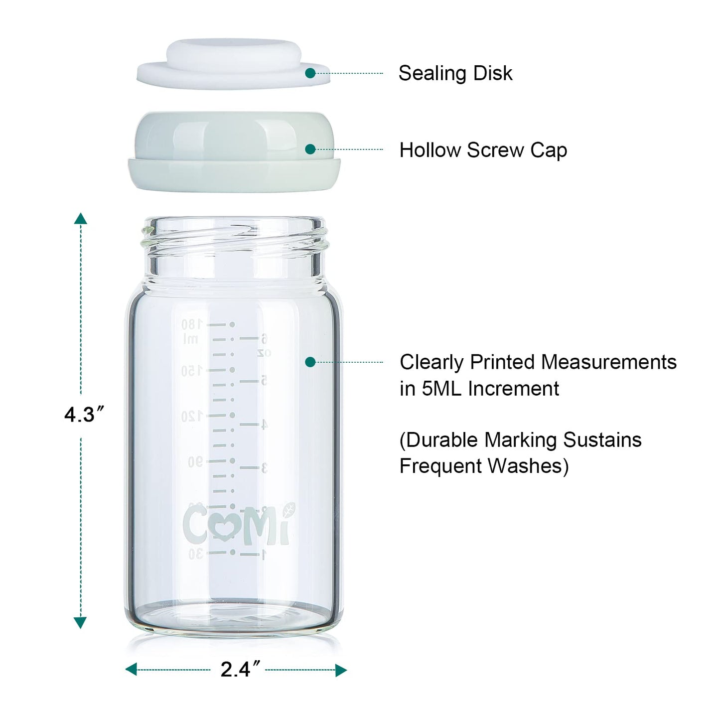 Comi Wide Neck Glass Breastmilk Collection N Storage Bottle, 4 Packs, 6Oz With Screw Ring Sealing Disk; Re-Markable Sealing Disc
